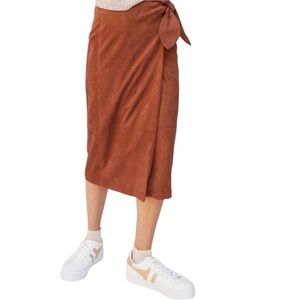 Anthropologie faux suede brown wrap midi pencil skirt size L excellent condition